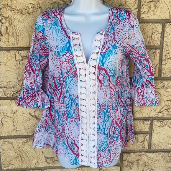 Coral Shells Tunic Beach Vacation Blouse comfy Size Med - Picture 1 of 8